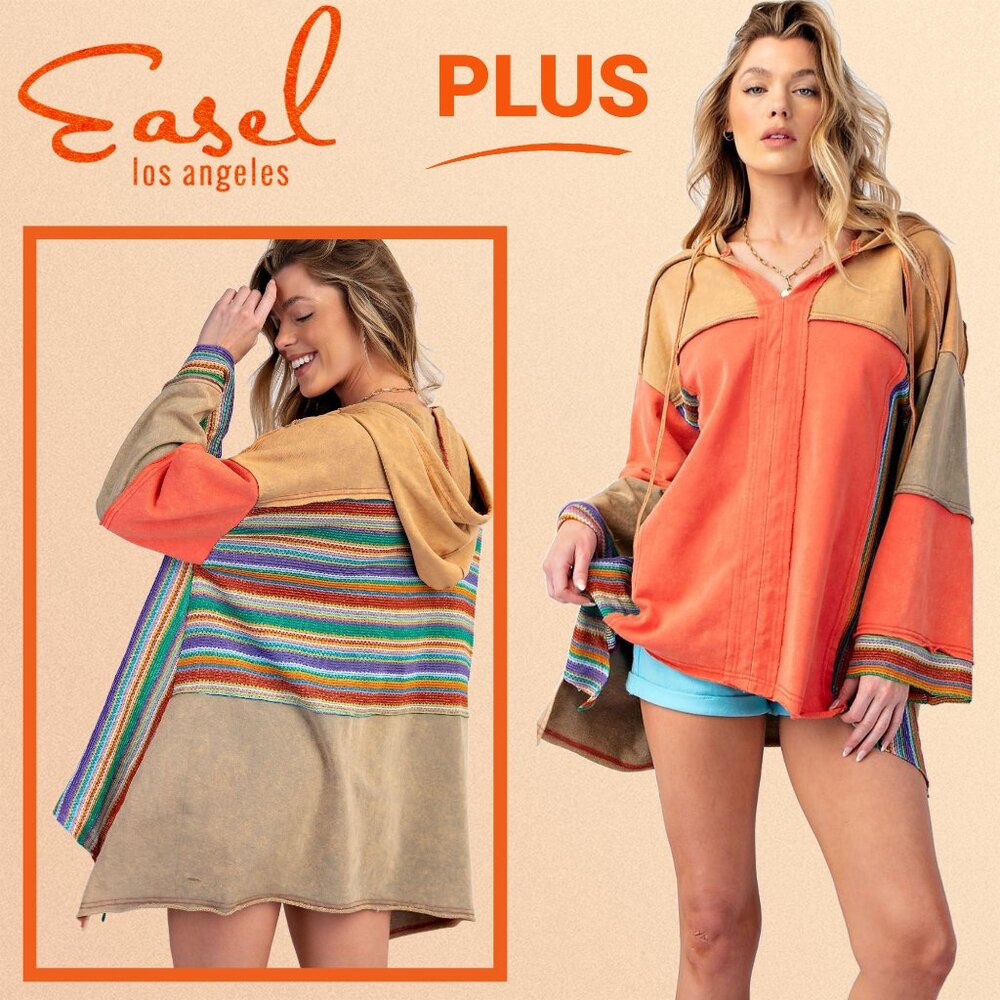 EASEL Pullover Hoodie Mineral Washed Terry Knit & Crochet Details Raw Seams Hems